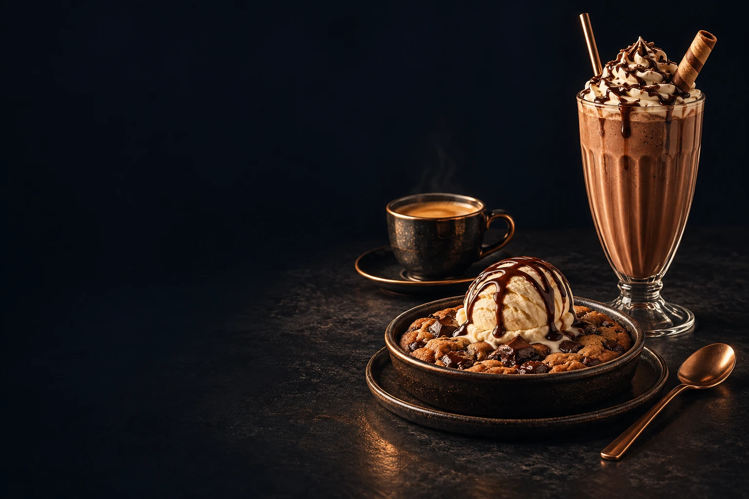 Illustrative cookie dough, milkshake and coffee