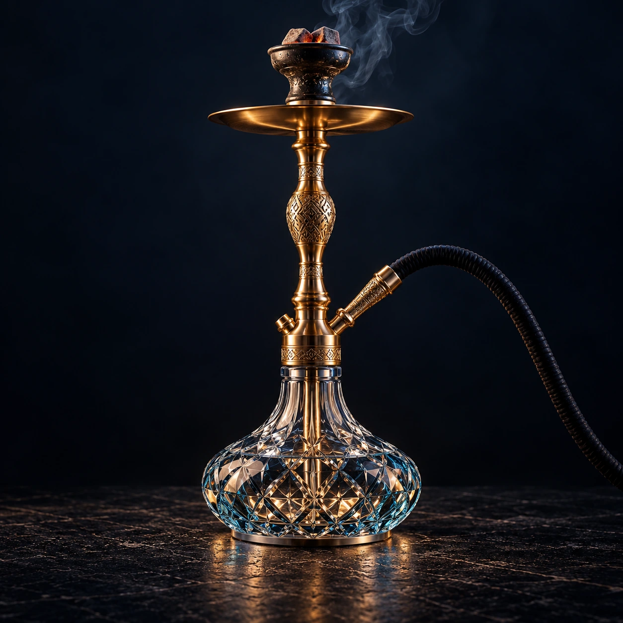 Illustrative engraved gold shisha with a rounded crystal base