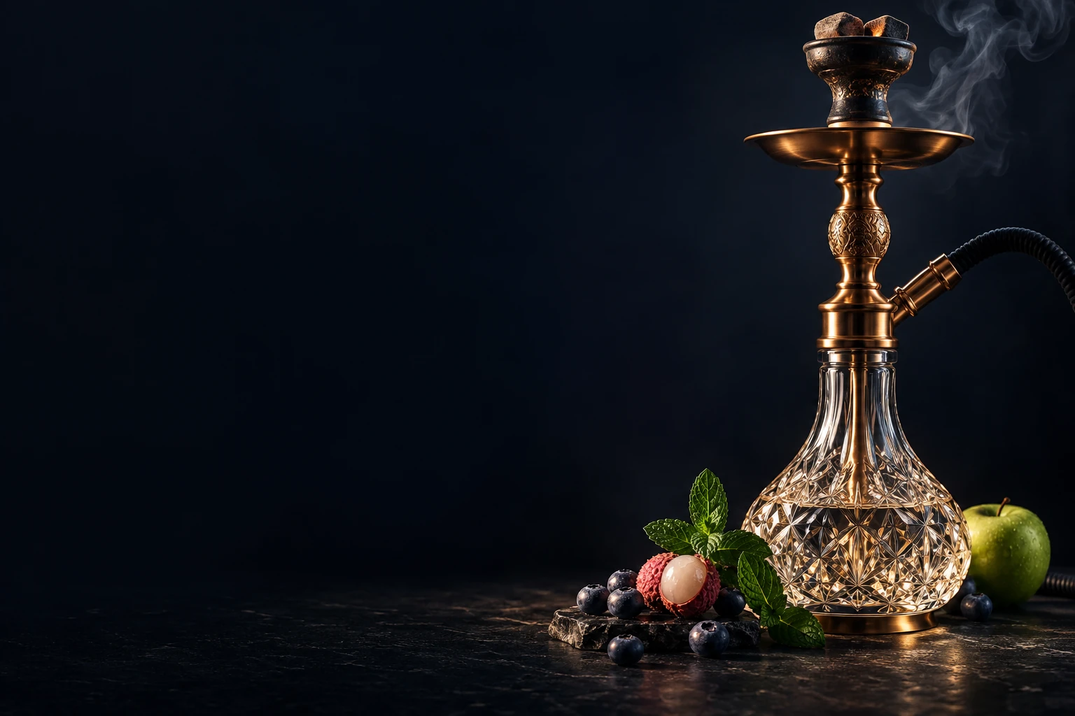 An illustrative bronze shisha pipe against a dark, atmospheric backdrop