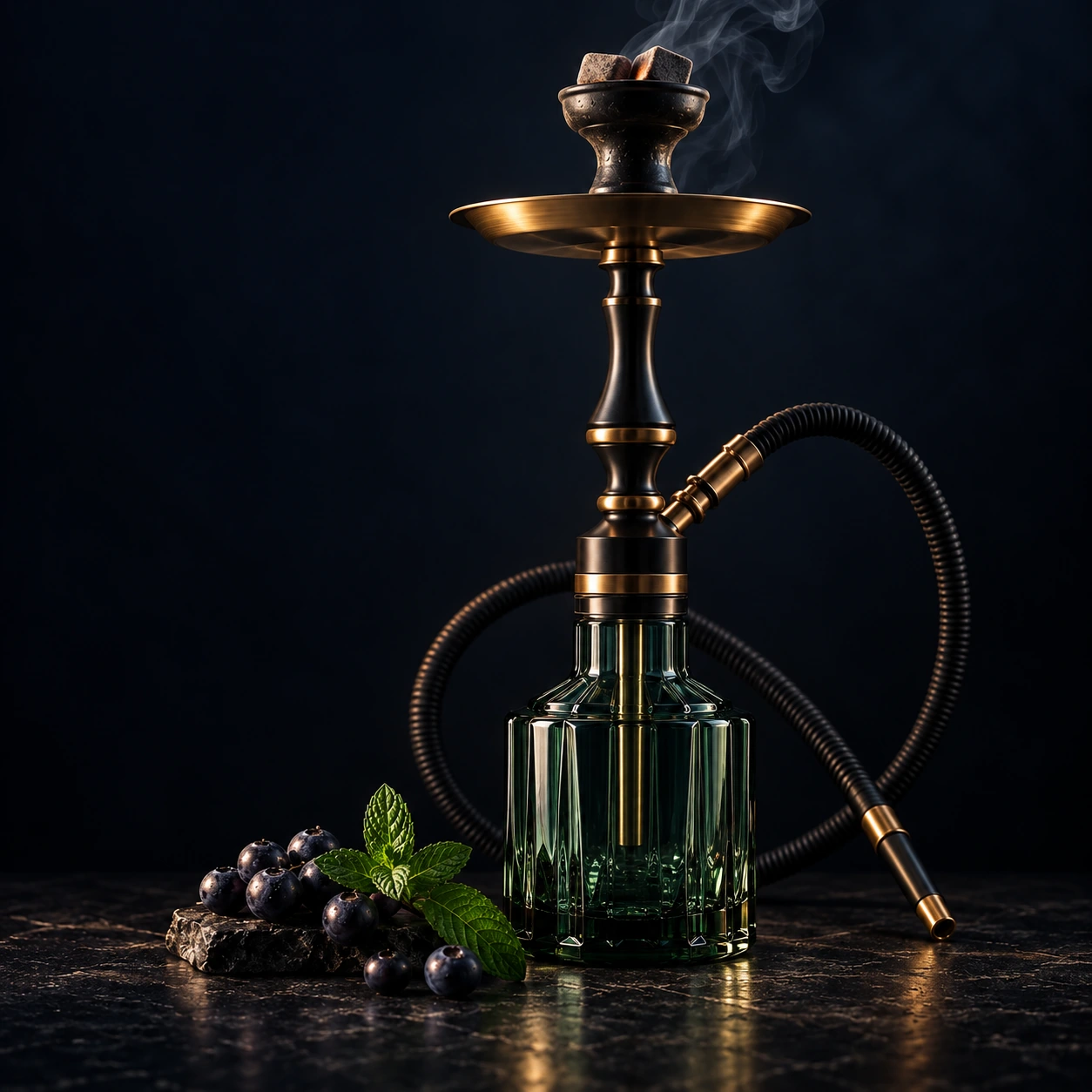 Illustrative black and brass shisha with a dark green glass base